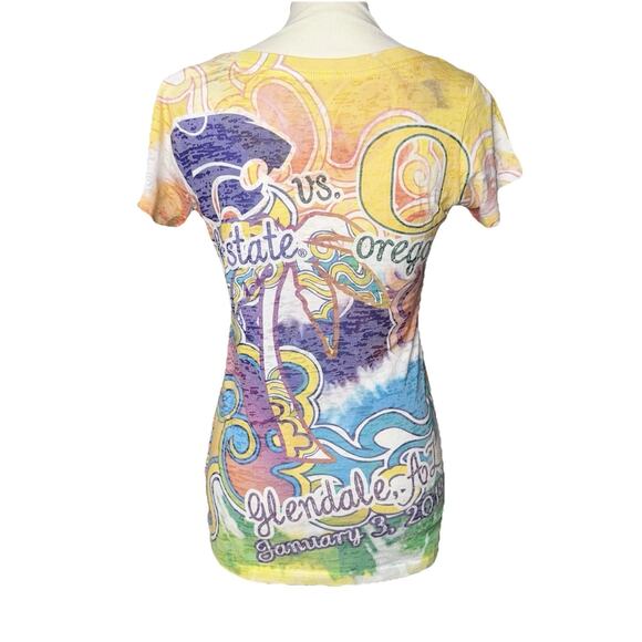 2013 Fiesta Bowl Shirt KS OR Womens LG V Neck Burnout Camo Trippy Rainbow Color - Picture 5 of 9